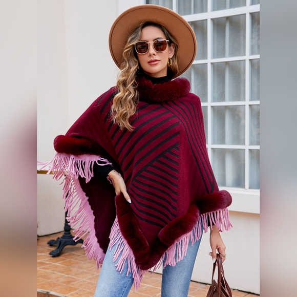 Plush Faux Fur Retro Fringe Stripe Pullover Oversized Warm Knit Poncho Cardigan - Picture 4 of 14